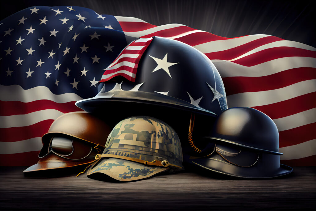 Military helmets and american flag on veterans or memorial day. Generative Ai